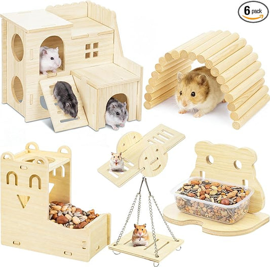 BreezeHug 6 Pcs Hamster Wooden Hideouts Hamster Houses Feeder and Waterer Chinchillas Chew Cage Accessories Activity Enrichment for Rats Gerbils Small Animals Habitat