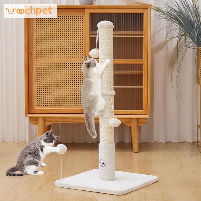 Woochpet Cat Scratching Posts 33" for Adults Cats, Cat Scratcher with Soft Fabric Covering Base and Durable Sisal Rope, Scratcher with Fun Mouse Hole and Cat Toy for Tall Cats (White)