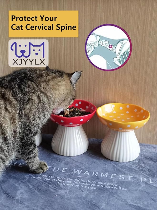 Elevated Mushroom Cat Bowls Ceramic, Raised Cat Bowls for Indoor Cats, Cute Whisker Fatigue Cat Bowl, Raised Dog Bowl Stand for Food and Water, Yellow 6" Wide for Adult Cats