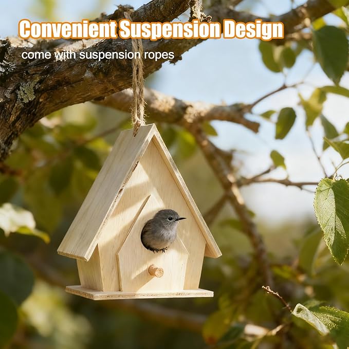 4Pcs Unfinished Wooden Bird House, Hanging Birdhouse for Outside Wood Bird Nests Box with Pole Creative Unpainted DIY Crafts Bird Houses for Garden Courtyard Decor
