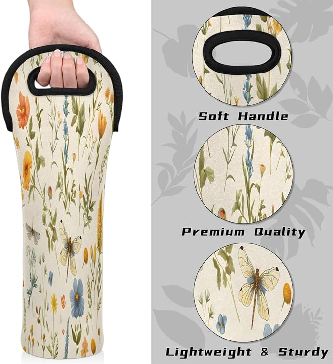 Dragonfly Wildflower Wine Bag Single Bottle Wine Tote Bag Neoprene Wine Carrier Bags with Carry Handle Portable Wine Bottle Holder for Travel Party Picnic