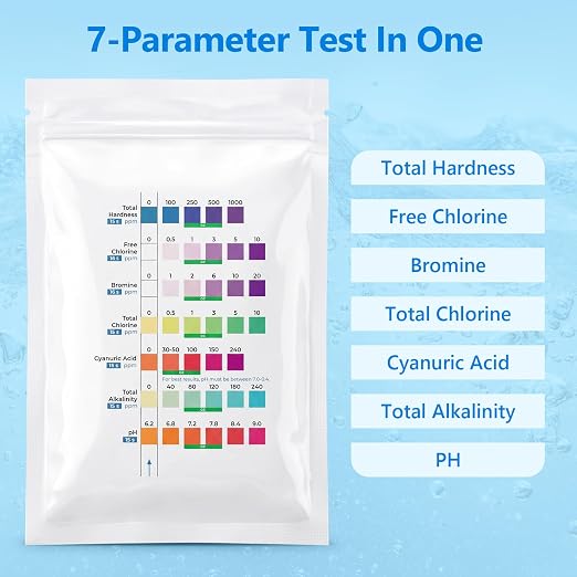 7 in 1 Pool Test Strips, 150-Count Hot Tub & Spa Test Strips, Pool Water Testing Kit Accurately Tests Bromine, Total Alkalinity, pH, Free Chlorine, Total Hardness, Cyanuric Acid and Total Chlorine