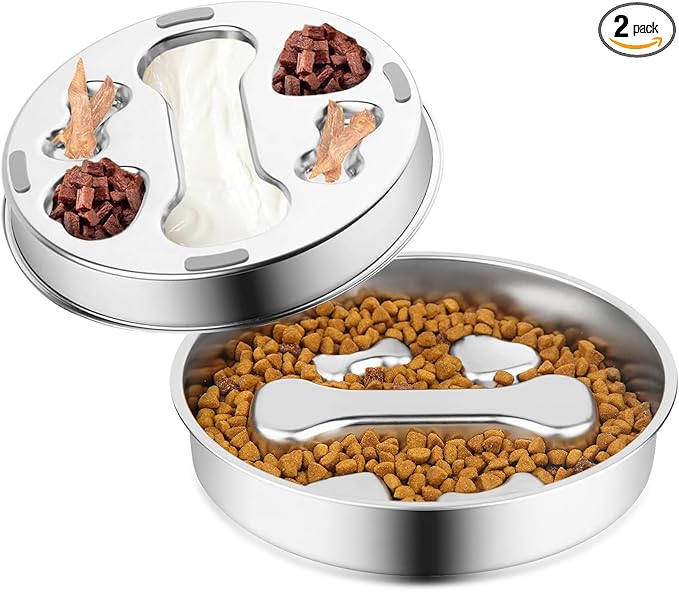 Stainless Steel Slow Feeder Dog Bowls,Slow Food Bowl for Dog & Cat - 2 Cups Capacity,Bone-Shaped Design Pet Food Holder,Metal Non-Slip Lick Plate,Puzzle Maze Dish for Small Sized Breeds