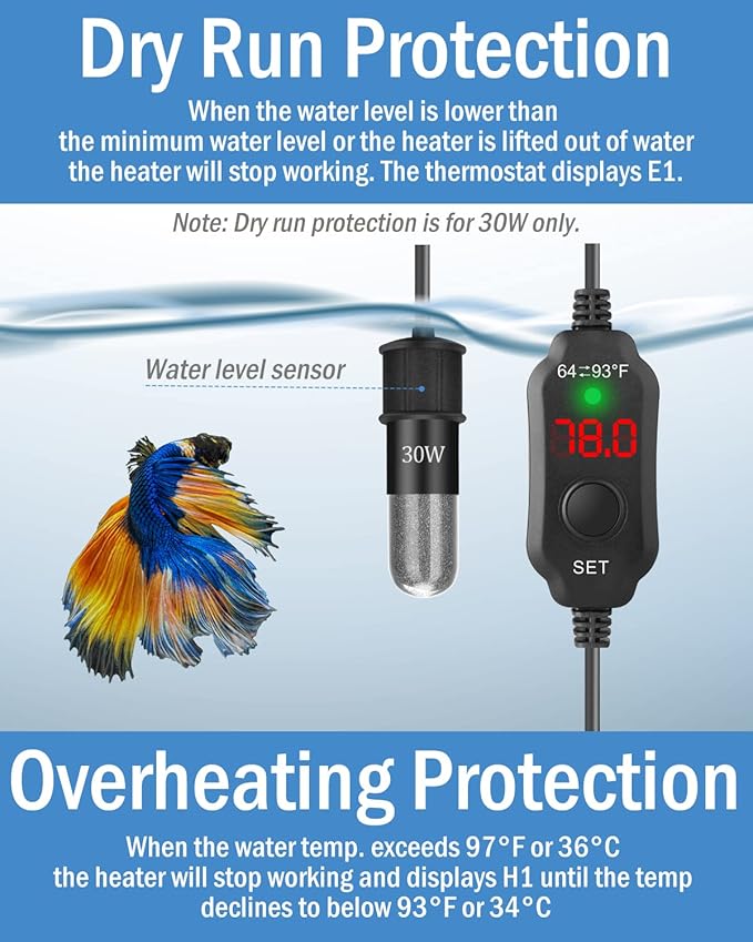 AquaMiracle Mini Aquarium Heater 30W Small Fish Tank Heater for 4-6 Gal Tanks, Digital Display Thermostat Betta Heater with Dry-Run & Overheat Protection, Memory Function