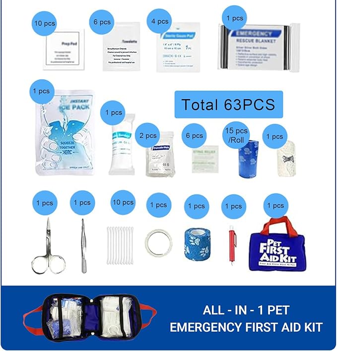 Pet First Aid Kit for Pets Dogs & Cats, 63 Piece Emergency Survival Bag for Home, Outdoor, Hiking, Travel, Camping, Emergencies