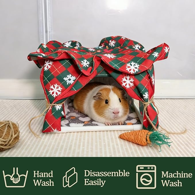 Guinea Pig Hideout Guinea Pig Tunnel Bed House Cave Detachable Guinea Pig Hiding Hut with Curtain for Chinchilla Ferret Hedgehog Hamster Cavy (Red and Green)