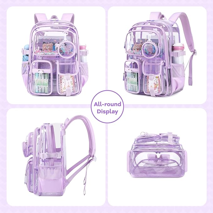 Clear Backpacks for Stadium Events Heavy Duty Clear Bookbag for School Girls Transparent Back Pack, Purple