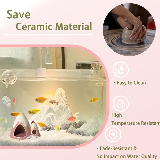 Cute Pink Aquarium Decor Ceramic Mountain Betta Fish Tank Cave | Smooth-Surface Safe for Fish Hiding & Breeding, Easy-Clean, No Assembly, for Play & Rest,Fits 3.5-5 Gallon Fish Tanks
