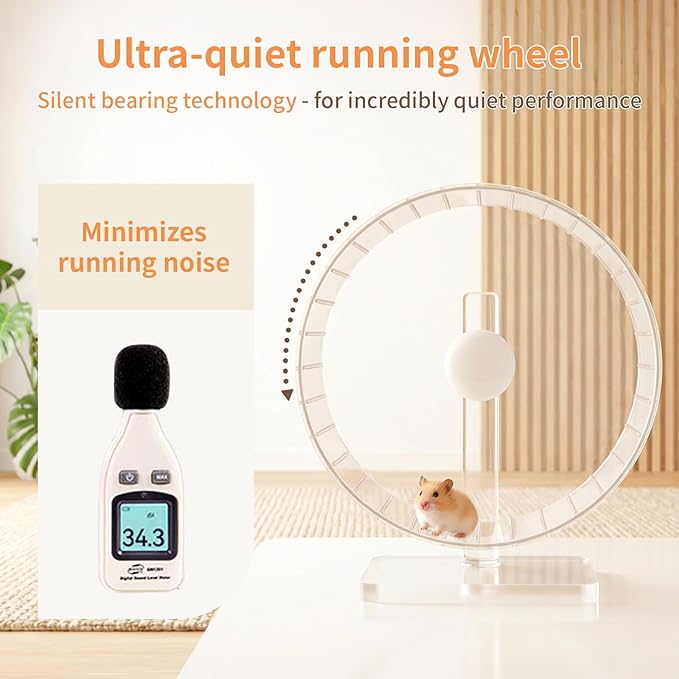 11 Inch Silent Hamster Wheel - Large Clear Running Wheel with Adjustable Stand - Quiet Spinning Exercise Wheel for Syrian Hamsters, Gerbils, Hedgehogs and Small Animals, Transparent
