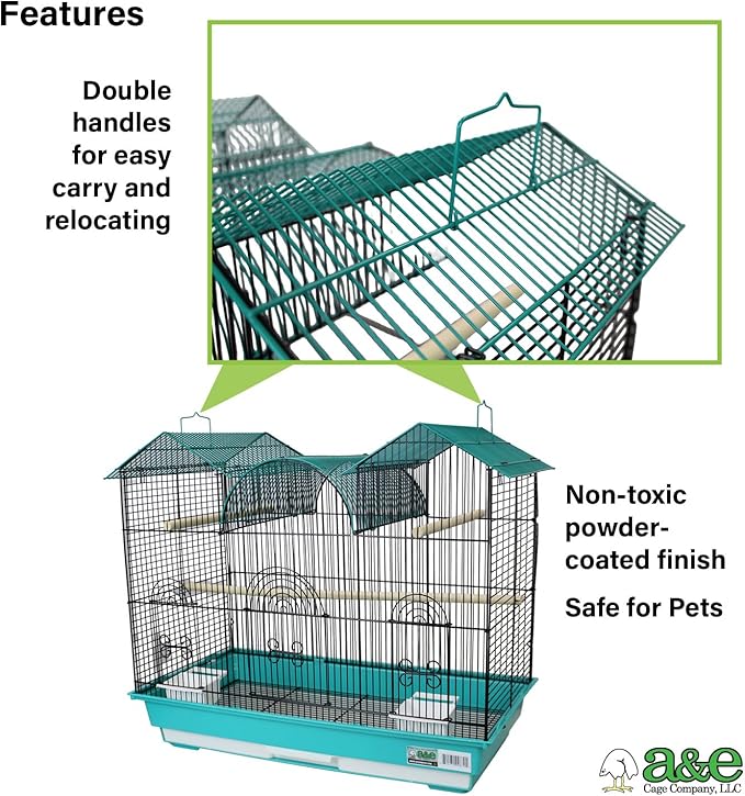 A&E Cage Co AE2614TT SP Blue Triple Top Bird Cage – 26" x 14" x 23" Decorative Small Bird Cage – Includes 2 Feeder Stations, 3 Wood Perches, Slide-Out Tray & Carry Handle (Teal)