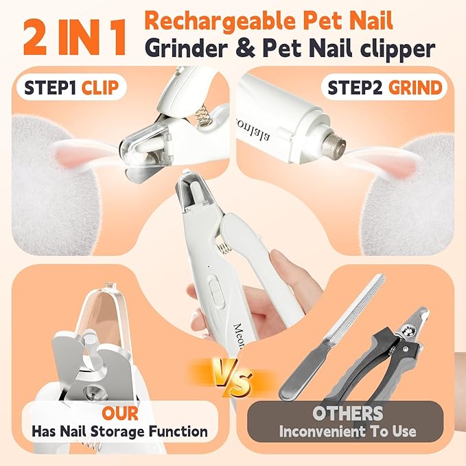2-in-1 Dog Nail Clippers & Dog Nail Grinder with 2 LED Lights, Ultra-Quiet, USB Rechargeable,Security Upgrade,Multiple Grinding Methods, and Splash Guard for Small and Large Dogs & Cats
