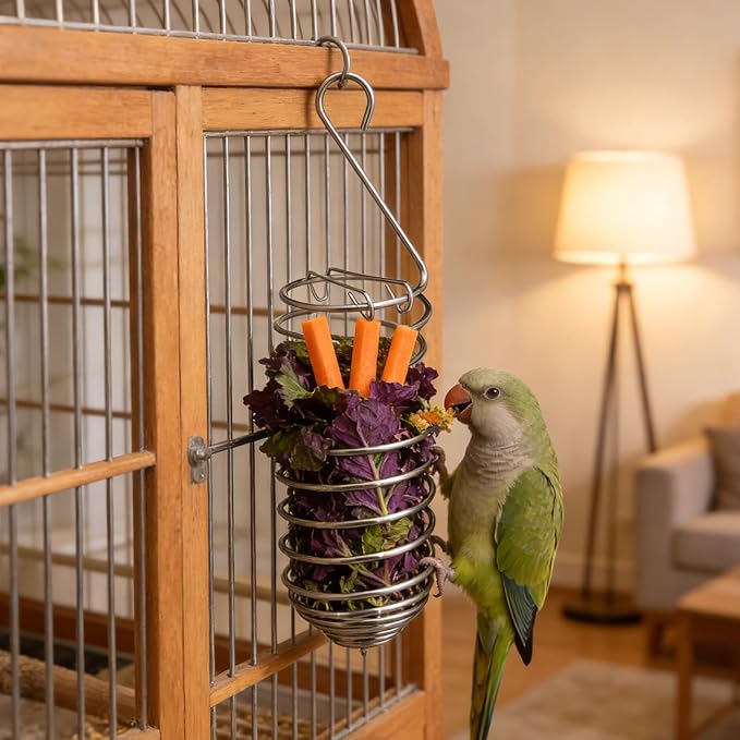 2pcs Millet Spray Holder for Parrots with Cleaning Brush, Stainless Steel Millet Holder Bird Food Feeder Basket for Pet Parakeet Cockatiel Conure Foraging Chew Accessories Supplies