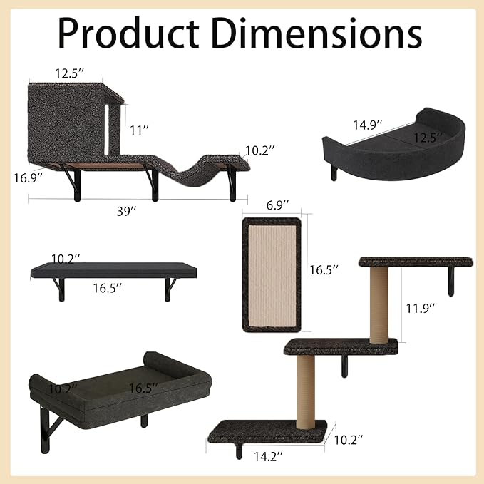 Cat Wall Shelves, 10-Piece Complete Cat Wall Furniture System with Perches and Scratching Posts, Stable Floating Climbing Set for Large Indoor Cats, Space Saving Kitty Furniture - Dark Gray