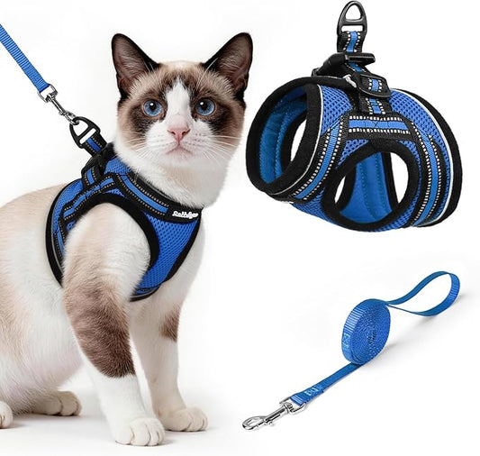 rabbitgoo Cat Harness and Leash Set for Walking Escape Proof, Adjustable Soft Kittens Vest with Reflective Strip for Cats, Comfortable Outdoor Vest,Blue,L