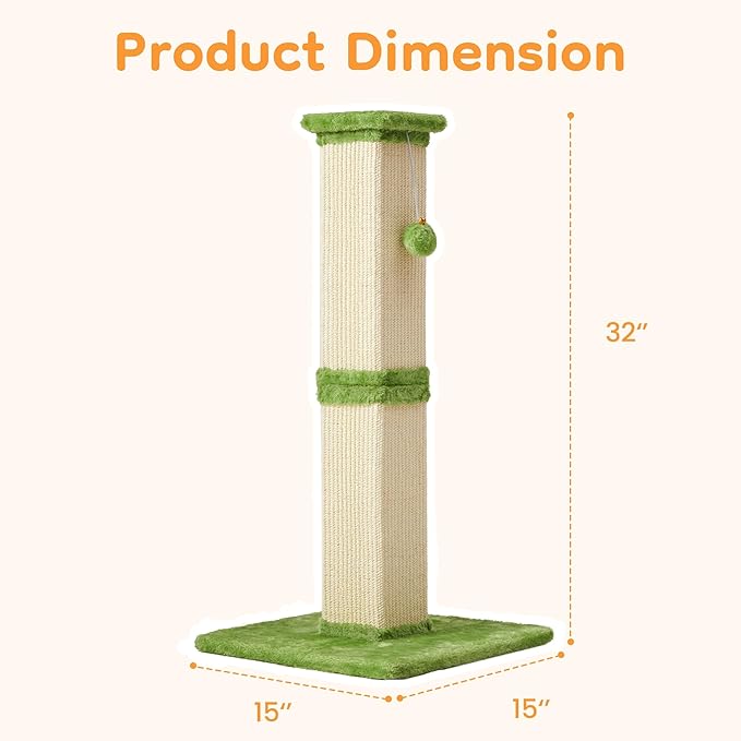 32" Tall Cat Scratching Post, Cat Scratcher with Heavy Duty Thick Wood Base, Cat Tower with Natural Sisal Rope and Hanging Ball, Plant-Like Design Scratching Post, for Small and Adult Kittens, Green