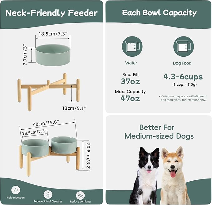 Havniva Ceramic 7.3inch Raised Double Bowls Set with Wooden Stand, Food & Water Bowls for Medium Breed Dogs, Weighted Dog Dishes, Pet Feeder(Light Green)