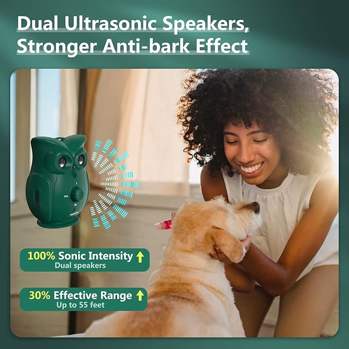 Dog Barking Control Devices with Dual Ultrasonic Speakers, Stronger Rechargeable Anti-Bark Device for Outdoor Waterproof and Indoor, Dog Barking Deterrent Safe for Human & Dogs