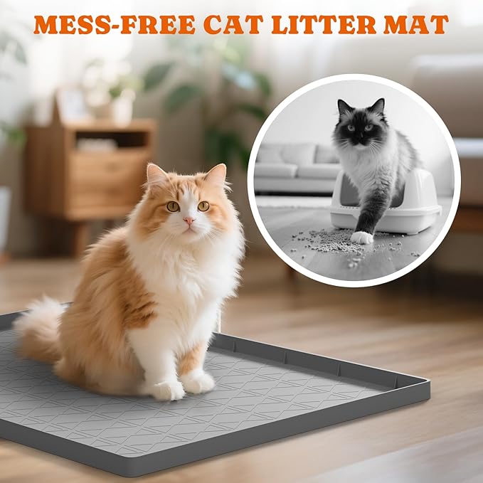 Pawtners Cat Litter Mat, Large 34" x 22" Litter Box Mat, Easy to Clean Cat Litter Box Mat, Non-Slip Kitty Litter Mat for Floor, Waterproof & Urine-Proof Cat Litter Mat Litter Trapping Mat, Gray