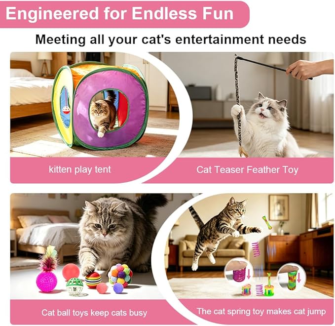 Retro Shaw Cat Toys Pack 33Pcs, Interactive Kitten Toys for Indoor Kittens Cats, Collapsible Kitty Play Tunnel Tent Feather Wand Balls Bell Springs Mouse Kitty Toys for All Breeds 15.7 Inches