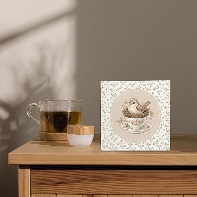 Flower Bird Wooden Box Sign Desk Decor, Rustic Bird Nest Teacup Wood Block Sign for Girls Room Nursery Bedroom Home Desk Table Shelf Wall Decorations, 5x5 Inch