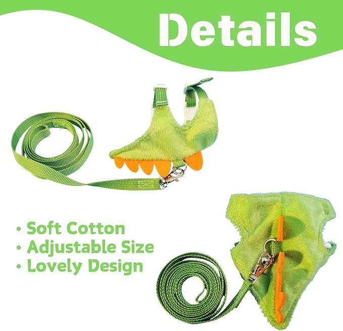 Ferret Harness and Leash Set Cute Dinosaur Design Soft Mesh Small Pet Harness Vest with Safe Bell Walking Clothes for Small Animals Ferret Rabbit Guinea Pig Squirrels (Green)