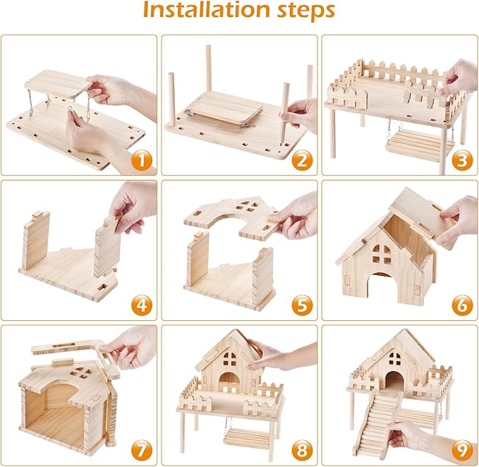 Hamster Wooden House with Platform,Ramp & Swing - Natural Wood Play Set forSyrian Dwarf Hamsters, Gerbils, Mice,Small Animals Cage Accessories
