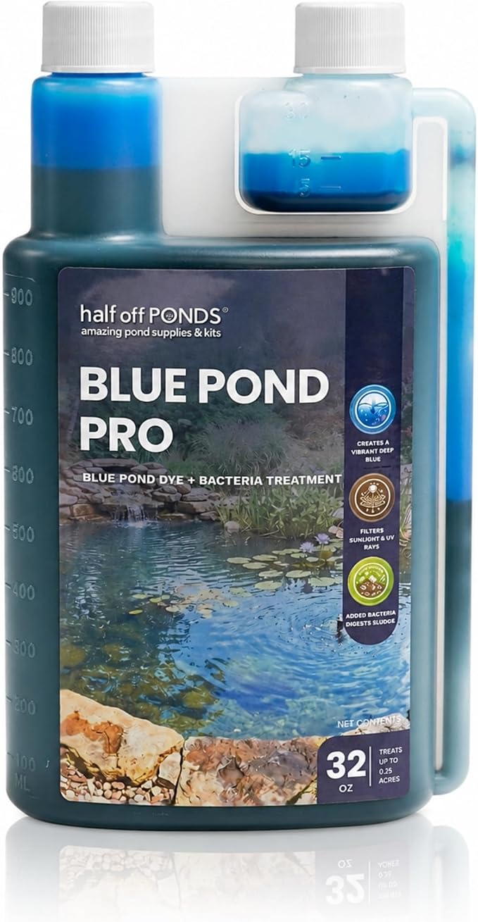 Blue Pond Dye for Clear Water & Sunlight Control, 32 oz | Deep blue tint, shades water to reduce sunlight, won't stain when diluted, fish and plant safe, enhances pond appearance
