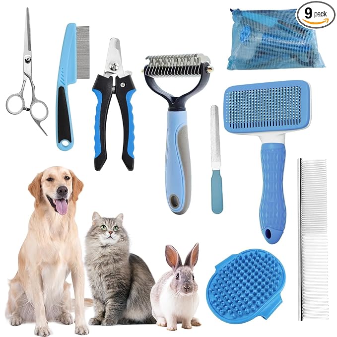 Dog Brush for Shedding,9 PCS in One Pet Slicker Hair Brush Kit with Pet Nail Clipper and File - Dog Cat Grooming Deshedding Undercoat Rake Brush Comb for All Small Large Dogs Cats Blue