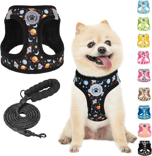 BEAUTYZOO Dog Harness Medium Sized and Leash Set, Step-in Soft Padded Mesh Puppy Vest, Reflective Dog Harness No Pull No Choke, Breathable Easy Walking Vest Harnesses for Girl Boy Pets, Black Planet M