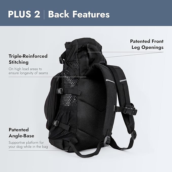 K9 Sport Sack Plus 2 - Medium, Jet Black - Ideal for Dogs 17-19” Long - Adjustable, Backpack-Style Carrier with Multi-Functional Storage Pack, Thick Shoulder Straps & Padded Back Panel