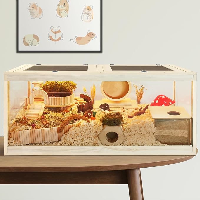 PROLEE Hamster Cage with Metal Mesh Top, Chewproof Wooden Guinea Pig Cages, Mice and Rat Habitat,Large Hamster Cages with Acrylic Sheets Solid Built (48X20X20 Inch)