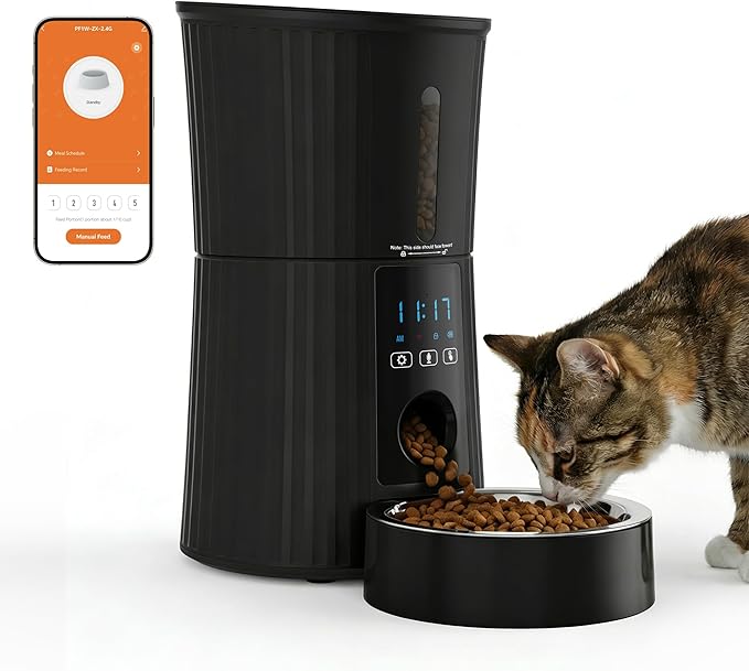 DUMOS Automatic Cat Feeder, 4L WiFi Timed Cat Food Dispenser with APP Control, 10s Voice Recorder, Dual Power Supply, Indoor Programmable Pet Feeder with Desiccant for Small Cats and Dogs, Black