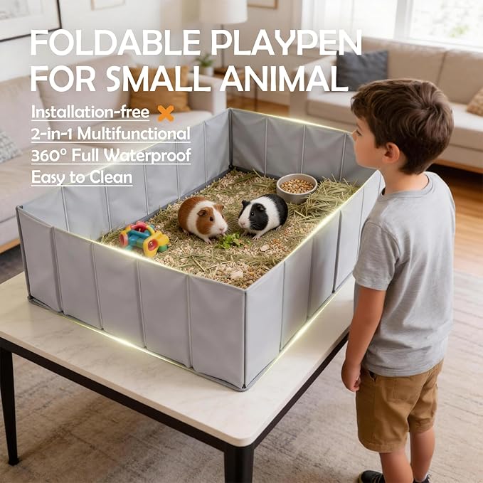MEEXPAWS Small Animal Playpen, Foldable Guinea Pig Playpen for Indoors or Travel 40" x 28" x 13", Waterproof & No Assembly Portable Guinea Pig Enclosure, Plastic Rat Ferret Play Pen, Grey
