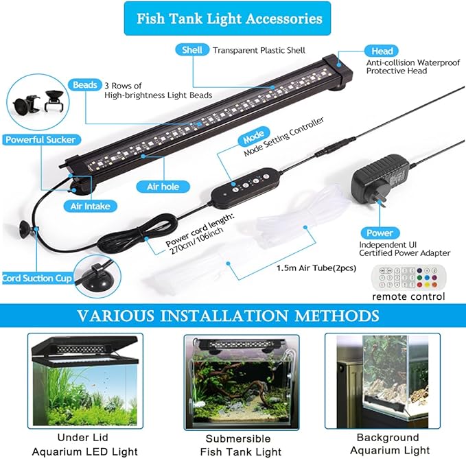 Submersible Aquarium Light for Fish Tank,24/7 Mode Full Spectrum LED Fish Tank Light with Air Bubble Hole RGB Color Changing Brightness Timer Adjustable,23.6inch 16W Fish Light