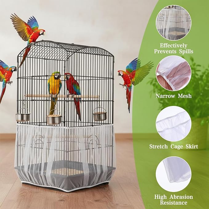 2 Pcs Bird Cage Netting Seed Catcher, Adjustable Bird Cage Skirt Birds Cages Net White Polyester Splash Guard for Parrot Finch Cages