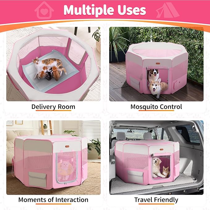 Seiyierr Dog Playpen, Portable Pet Playpen, Puppy Playpen, Cat Playpen with Carrying Case, Dog Playpen for Small Dogs Indoor/Outdoor, Removable Mesh Shade Cover, Pink XL