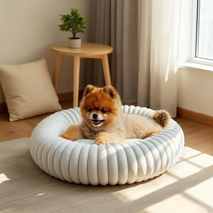 Calming Dog Bed Anti-Anxiety Donut Dog Beds for Small Medium Large Dogs,Washable Plush Fluffy Indoor Cat Kitten Round Cuddler Cushion (Cream, Small)