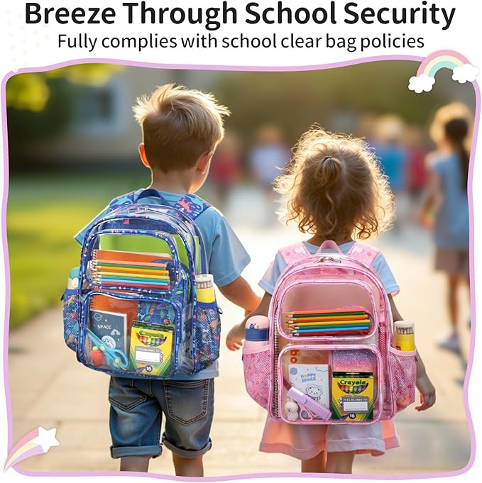 Clear Backpack for Girls, 15 Inch Heavy Duty Transparent Bookbag for Kindergarten to 2nd Grade, PVC See Through Daypack with Reflective Straps, Fits Standard Folders, Pink Unicorn