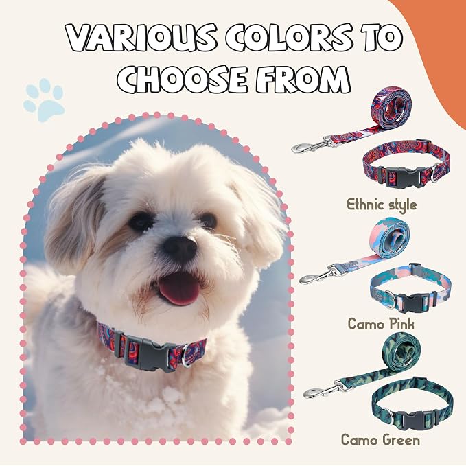Print Patterned Dog Collar Leash Set, Adjusted Quick-Release Plastic Buckles and Heavy-Duty Steel D-Ring Nylon Collar Leash Set Strong Durable, Green Camo,M
