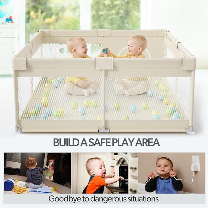 Fodoss Baby Playpen, 59×69in Beige Playpen for Babies and Toddlers, Play Pen for Apartment, Kids Activity Fence, Baby Playard with All-Side Mesh, Pull Rings