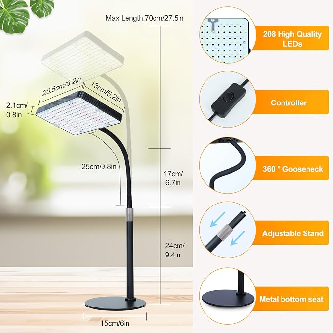 FECiDA Desk Grow Lights for Indoor Plants, Bonsai, Seed Starting, Seedlings | UV-IR In Full Spectrum, 25 Watt Power Draw, 16"-24" Height Adjustable, Simple Physical Switch, Plug and Play