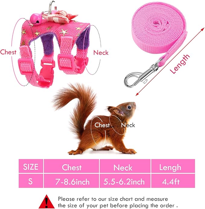 SATINIOR 2 Pieces Small Hamster Harness and Leash Set, Ferret Guinea Pig Clothes with Bowknot and Bell Decor, No Pulling Comfort Padded Vest Striped for Rats Bunny Rabbit Small Animals(S,Black, Pink)