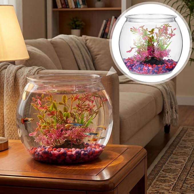 1 Gallon Plastic Fish Bowl,Red,Red Aquatic Plant | with Artificial Plastic Plant and 1lb Decorative Gravel, Clear Round Goldfish Fish Tank for Table Centerpiece Home Decor