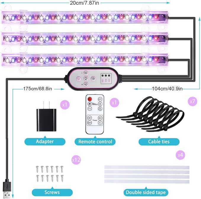 Hywyimlait 7.8'' LED Grow Light Strips, Grow Lamps for Indoor Plants Full Spectrum, Plant Light with 4/8/12H Timer, 10 Dimmable Levels for Seedling Succulent,Best Match for Plant Shelf, 3 Head