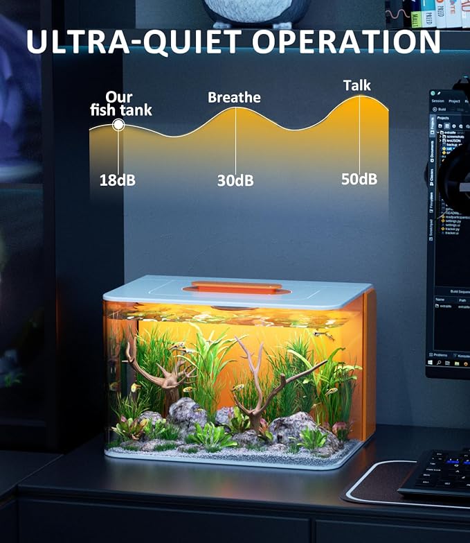 Betta Fish Tank Kit 2.5 Gallon with Heater Hidden Filtration Light Acrylic | Dry-wet Separation Filtration, Self-cleaning, Ultra-quiet, 3 Color Light, 10 Brightness, Adjustable Water Flow, Round Corner