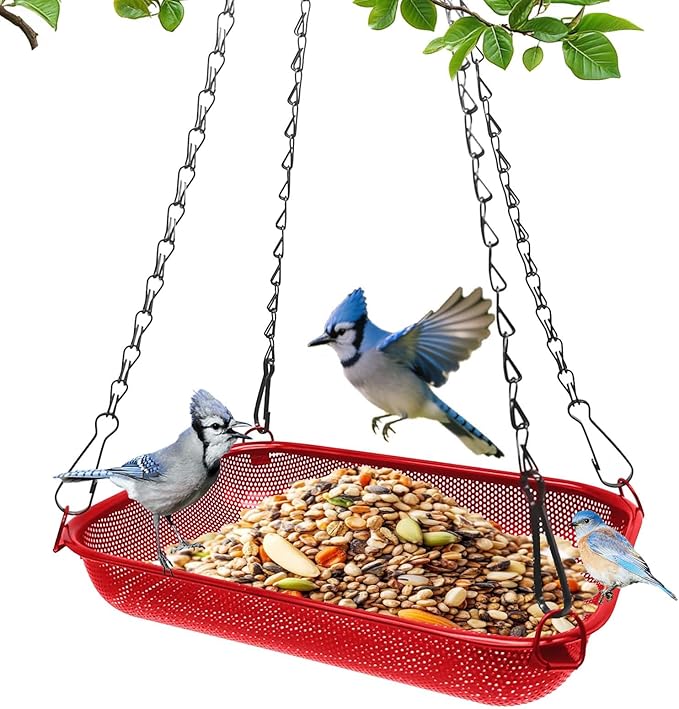 Hanging Bird Feeder for Outdoors – 12 x 8 in Rectangular Platform Bird Feeder, Metal Mesh Seed Tray for Wild Birds, Red