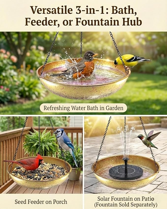 Hanging Bird Bath for Outside Metal Birdbath 11 Inch for Birds to Seed Bathe Drink Decor Bird Bath Gold to Iridescent Pink Gradient Decor for Garden Back Yard Patio Attracts Hummingbirds & Finches