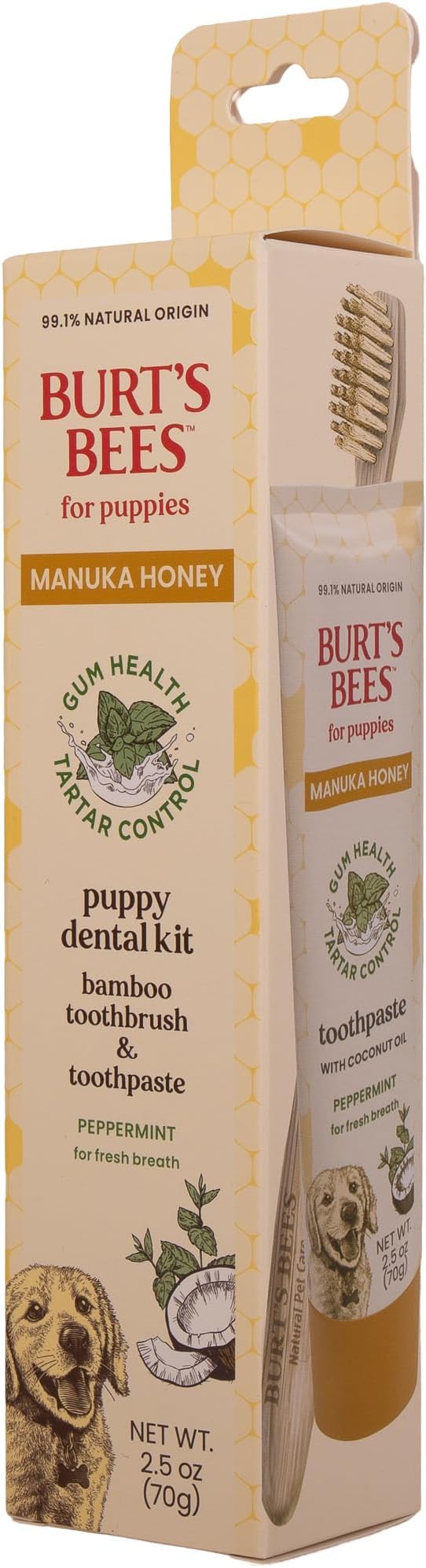 Burt's Bees for Pets Peppermint Puppy Dental Kit with Bamboo Toothbrush & Puppy Toothpaste, Manuka Honey & Coconut Oil for Gum Health, Tartar Control, 99.1% Natural Origin Formula, 2.5 Oz