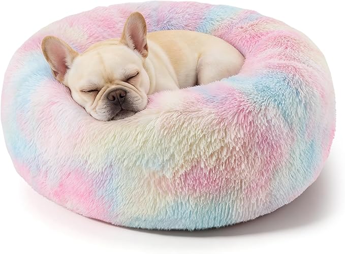 Dog Calming Beds for Small Medium Large Dogs - Round Donut Washable Puppy Dog Bed, Anti-Slip Faux Fur Fluffy Donut Cuddle Anxiety Cat Pet Bed(28'' Color)