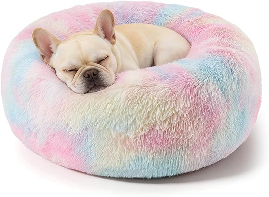 Dog Calming Beds for Small Medium Large Dogs - Round Donut Washable Puppy Dog Bed, Anti-Slip Faux Fur Fluffy Donut Cuddle Anxiety Cat Pet Bed(28'' Color)